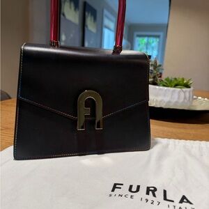 Furla Black Leather Satchel with Red Handles and Gold Hardware